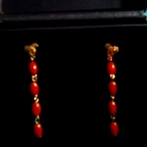 GENUINE RED JADE DANGLE EARRINGS WITH CITRINE